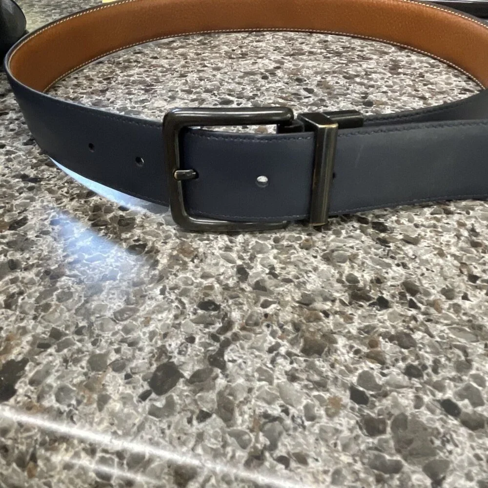 Original Penguin Mens LEATHER Navy /‎ Brown Reversible Belt US Size 32 With Logo